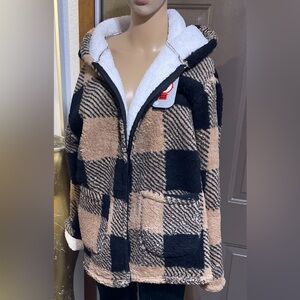 Plaid Teddy Jacket - Black and Brown